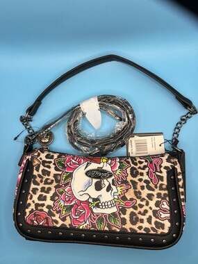 New*Ed Hardy Leopard Print Tattoo Skull & Roses Studded Shoulder Bag NWT